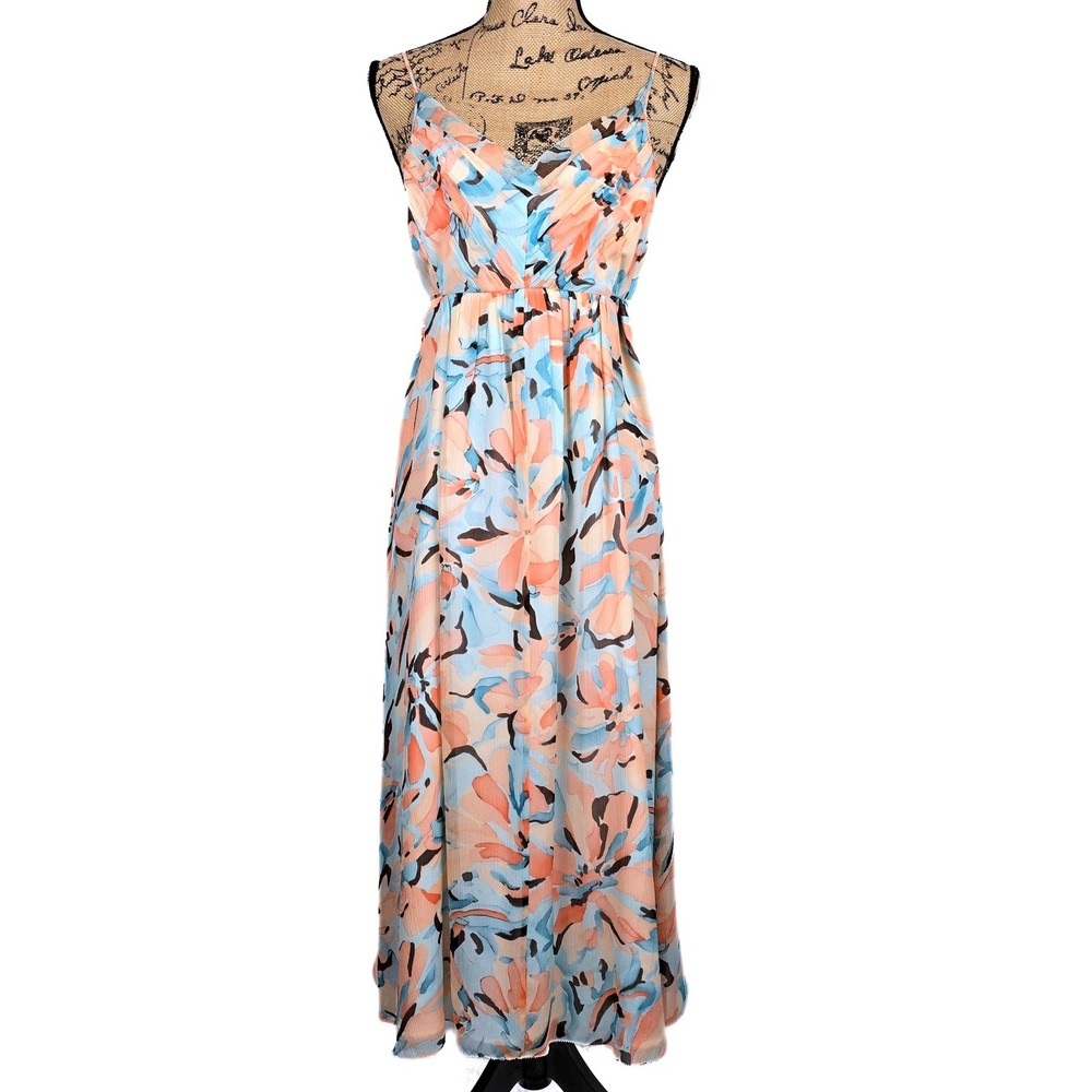 Anne Klein Silk Maxi Dress Peach Blue Floral Pleated V-Neck Gown Size 10